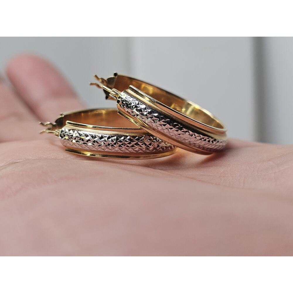 Vintage - Classic 14K Two-Tone Hollow Diamond Cut Hoop Earrings